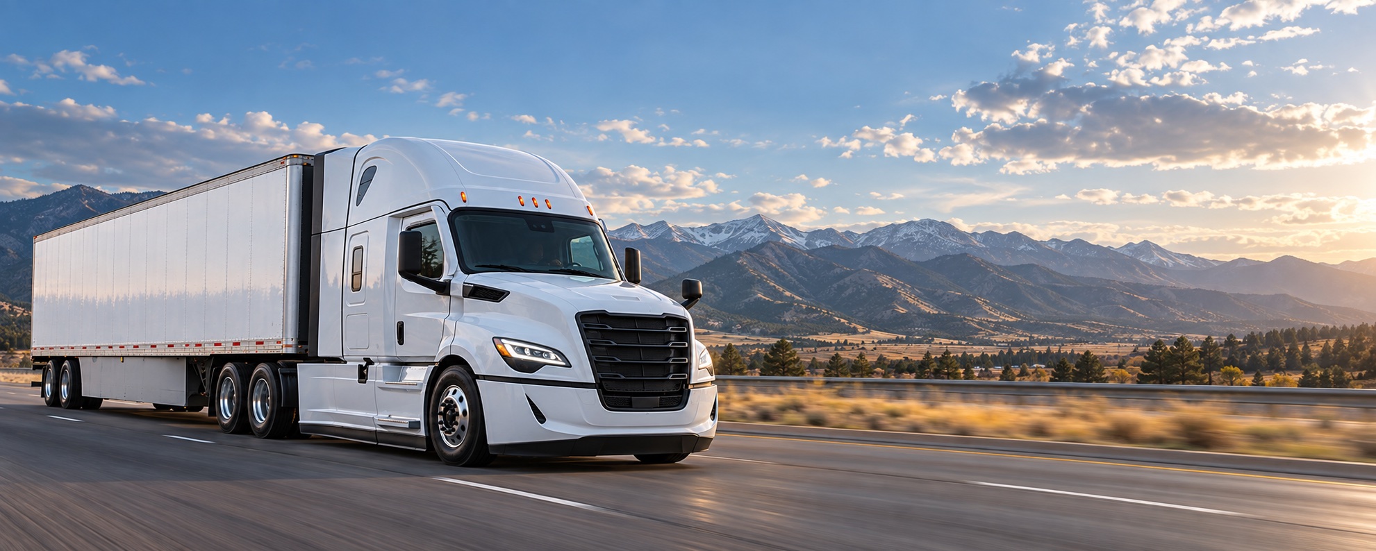 Modern white Freightliner truck traveling through the Colorado Front Range