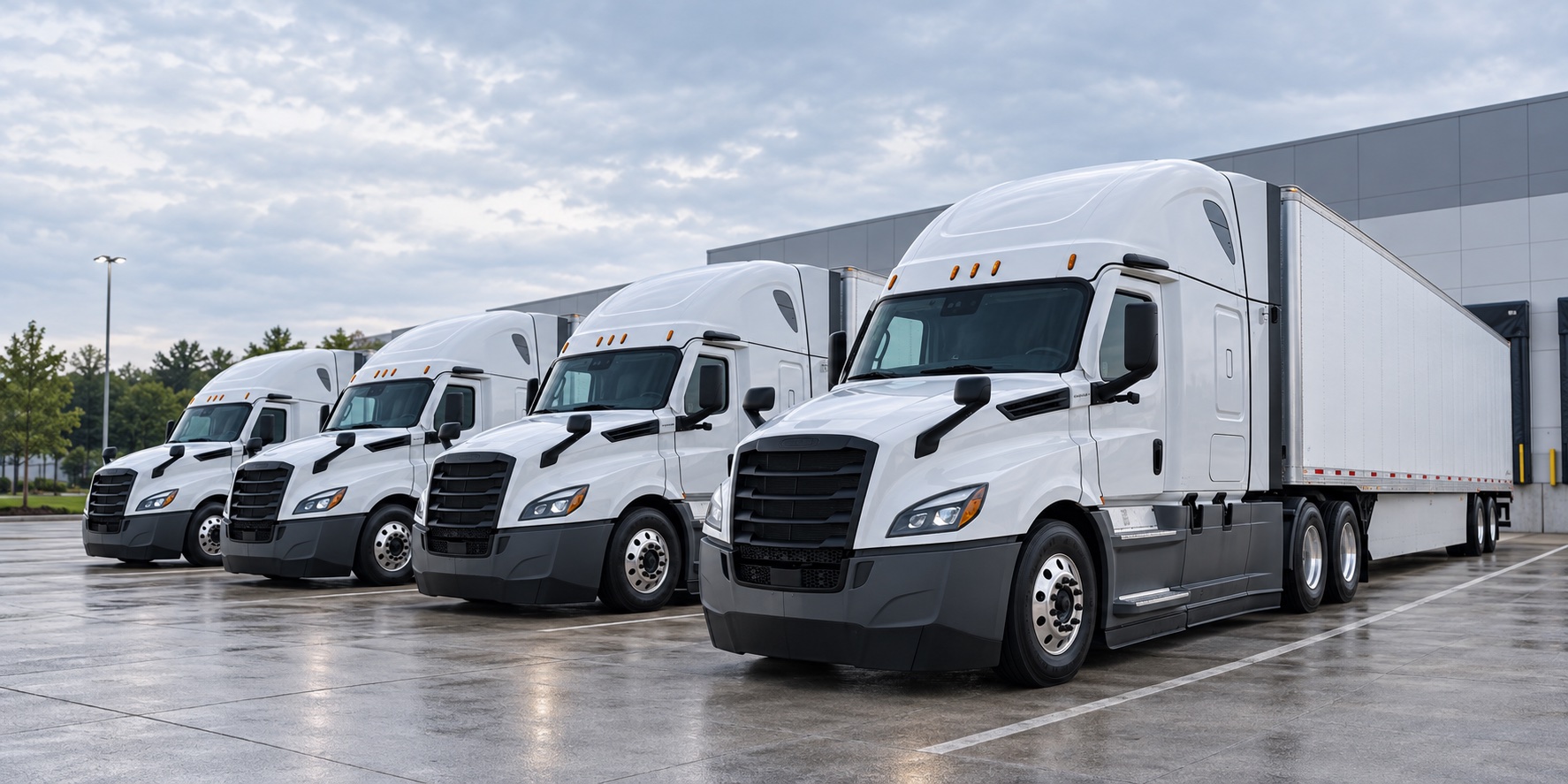 Modern white Freightliner tractors prepared in a fleet yard
