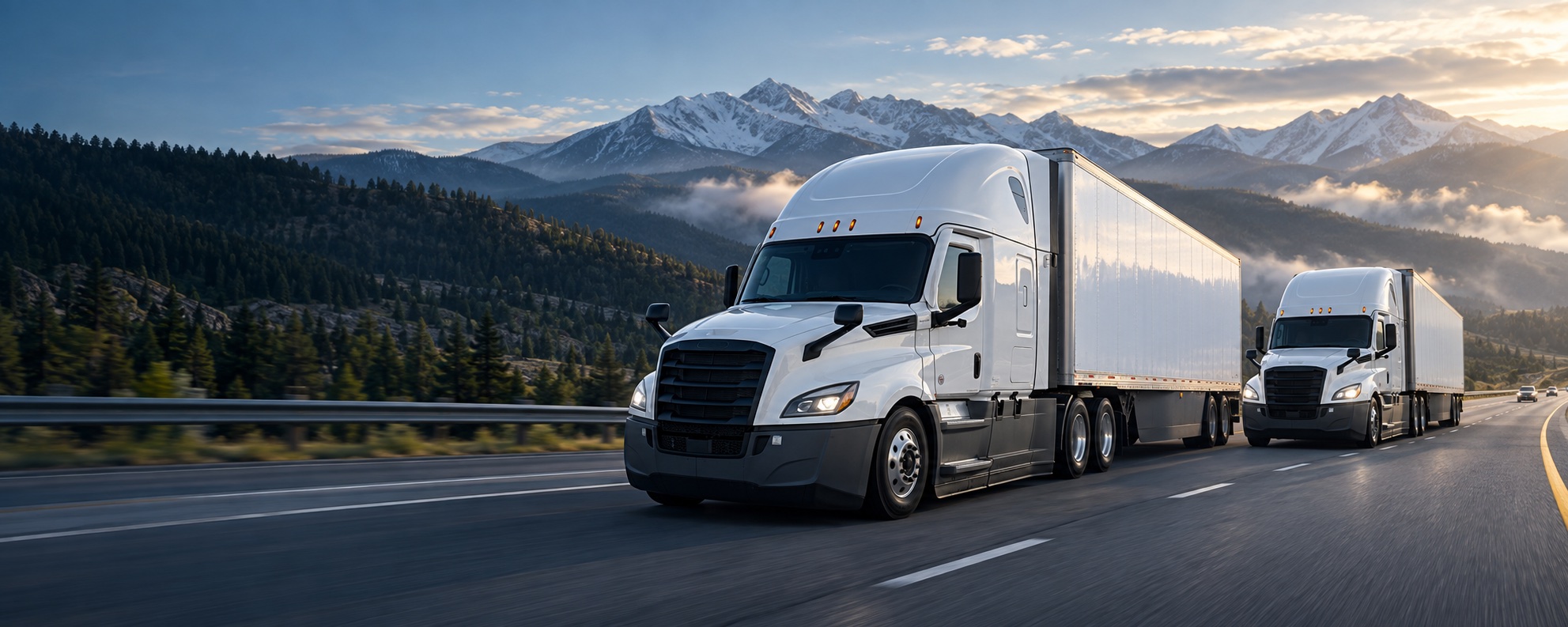 Two modern white Freightliner trucks traveling through the Colorado mountains