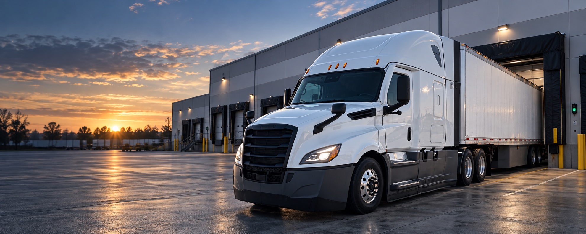 Modern white Freightliner truck at a commercial loading dock