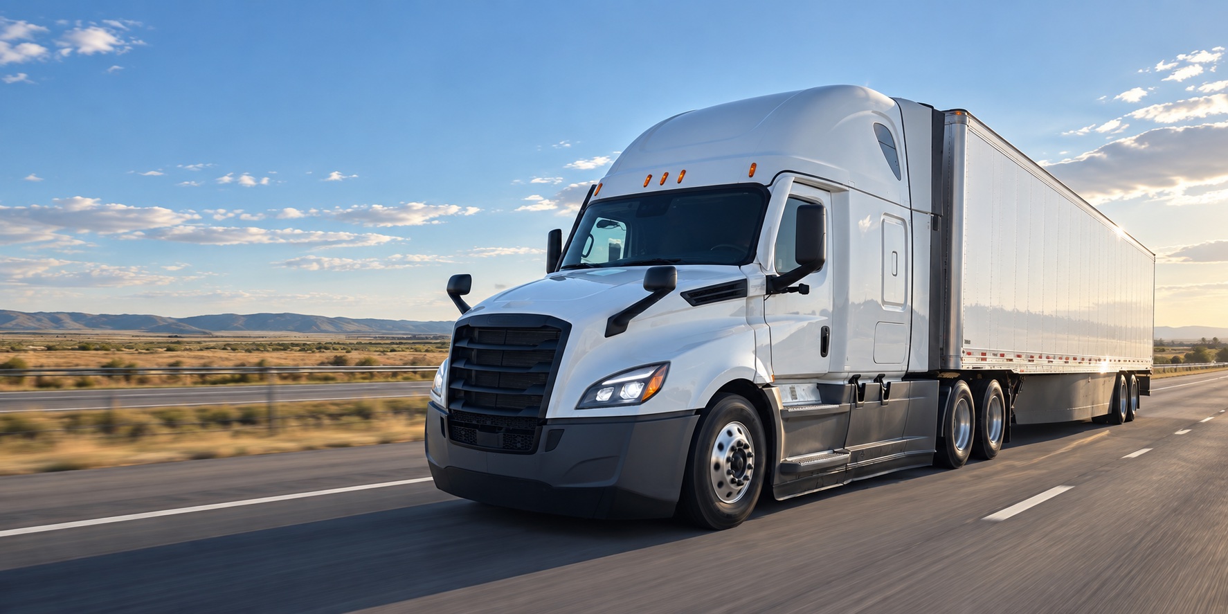 Modern white Freightliner truck moving across an open interstate