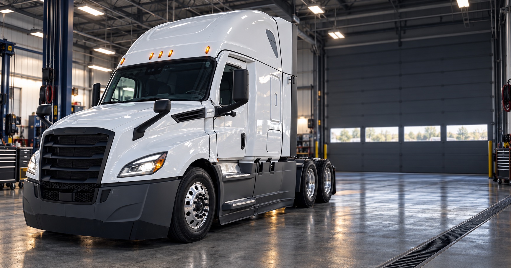 Modern white Freightliner tractor prepared inside a clean service bay