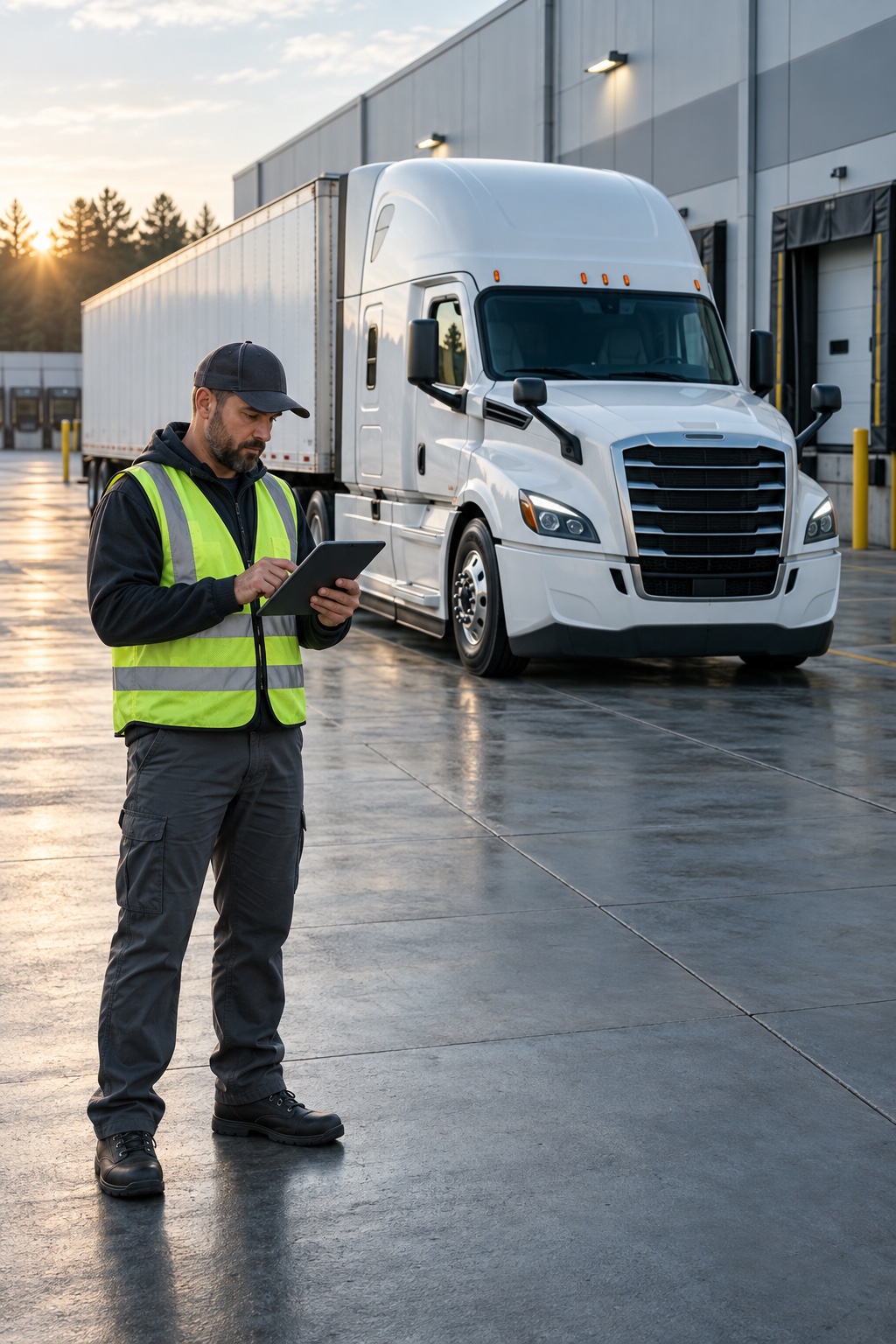 Professional driver reviewing shipment details beside a modern white Freightliner at a loading dock